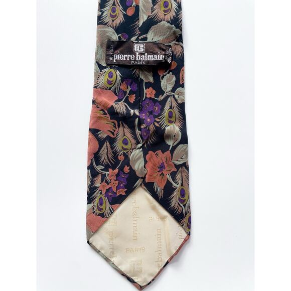 Vintage Floral and Peacock Feather Pierre Balmain Paris Silk Neck Tie - Picture 4 of 4